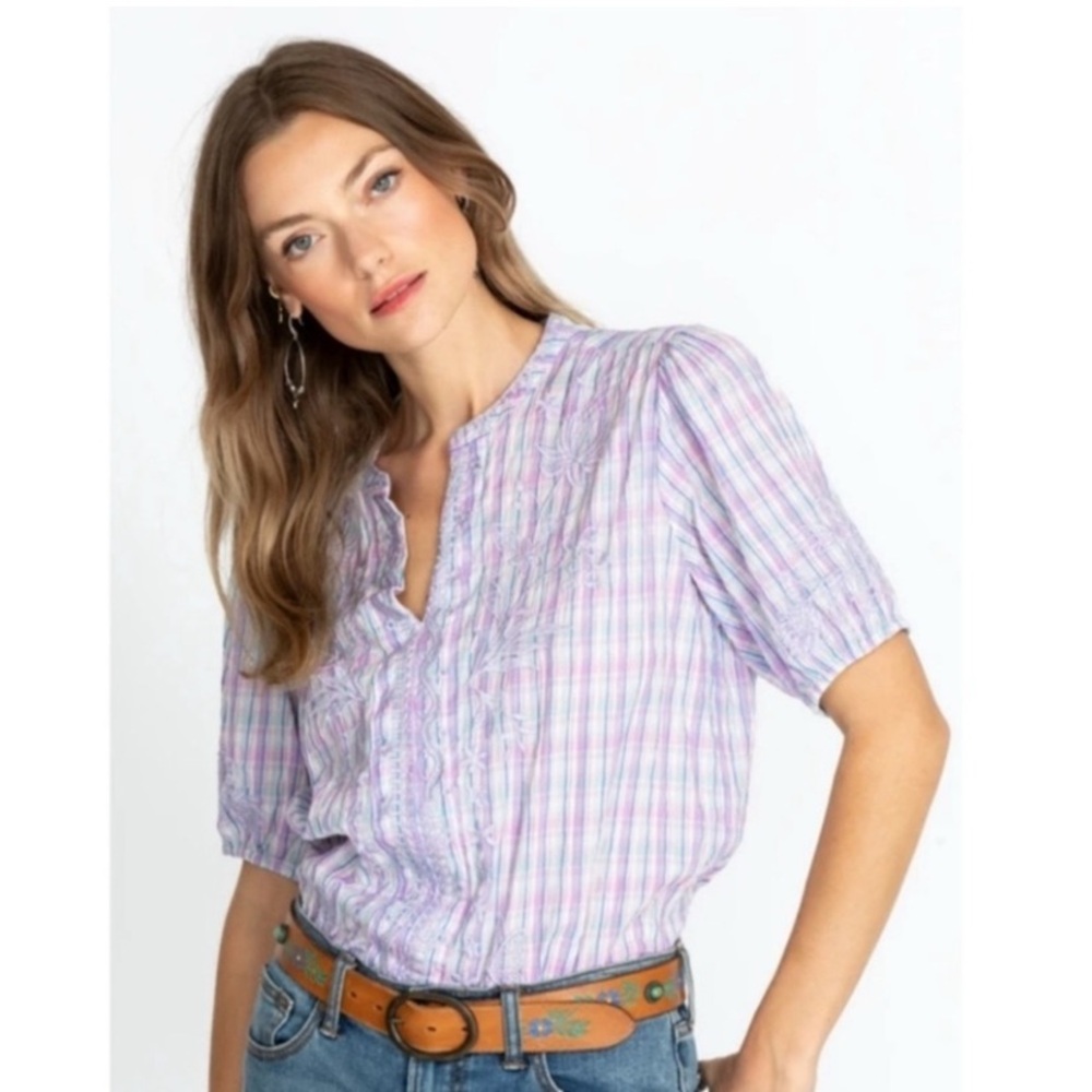 Johnny Was Malo Puff Sleeve Blouse S NWT Lavender Plaid